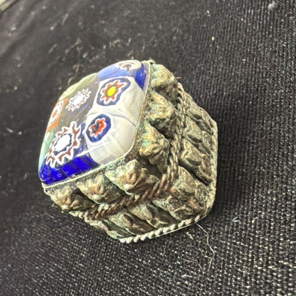 Victorian Style Millefiori Inlaid Silvertone Trinket Pills Jewelry Patina